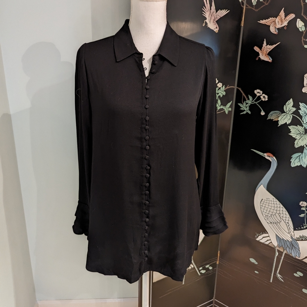 Soft Surroundings Small Poet Blouse Black Button Front Tunic Ruffle Sleeves 133